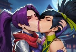 2girls ai_generated akali akali_(league_of_legends) crossover deep_tongue extreme_french_kiss french_kiss french_kissing kissing league_of_legends lesbian_kiss marvel marvel_comics marvel_rivals passionate passionate_kiss powerhouserift psylocke psylocke_(marvel_rivals) purple_hair riot_games saliva saliva_drip saliva_string saliva_trail sloppy_kiss tongue yuri
