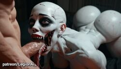 ai ai_art ai_generated all_fours bald_female big_ass big_breasts big_penis black_eyeshadow blood blowjob cum_in_mouth cum_in_throat cum_on_tongue fellatio horror horror_(theme) horror_fellatio jaw_drop legionai long_tongue male_human/female_undead oral original_character pale-skinned_female pale_skin red_lipstick teeth throat_fuck throat_penetration throat_pounding tongue_out tongue_out_blowjob undead undead_fellatio undead_female