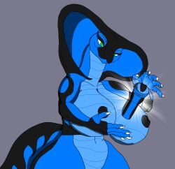 absurd_res alessandra_dragon alessandrasnek anthro big_breasts black_markings blue_body breasts cobra digital_media_(artwork) elapid_(snake) female fingers genitals hi_res king_cobra looking_at_viewer markings nipples non-mammal_breasts nude penetrable_sex_toy reptile scales scalie sex_toy simple_background smile snake snake_hood solo tail thick_thighs