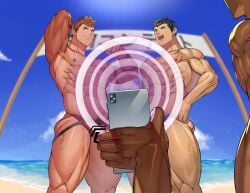 3boys 4boys abs armpits arms_up ass ass_visible_through_thighs bara beach beefy being_watched biceps big_areola big_chin black_hair breasts brown_hair bubble_ass bubble_butt bulge bulge_through_clothing cellphone censor_bar censored censored_penis confident contest first_person_view flexing frown gay genital_outline grin happy_trail hi_res hunk hypnosis jockstrap low-angle_view male male_only manly mature_male mind_control morning mosaic_censoring muscles muscular muscular_arms muscular_ass muscular_legs muscular_male muscular_thighs navel original original_character pecs pink_body pose posing pov pubic_hair quadriceps seaside short_hair six_pack sky smartphone smirk spiky_hair standing sweat sweatdrop sweating sweaty tattoo tattooed_arm thick thick_legs thick_thighs thong toirotto topless tough_guy veiny_arms yaoi