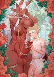 1boy 1futa abs angel_wings areola_peek bottomless byebyefrog chains cum cumshot demon earrings erection futa_is_bigger futa_on_male futanari handjob horns intersex larger_futa leash_and_collar licking_lips male muscular navel_piercing nipple_piercing nose_piercing nude piercings pubic_hair red_skin size_difference text white_hair