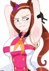 2026 animal_ears armpit armpit_fetish armpit_focus armpits arms_up bakushin_o_armpit_gif_(meme) black_eyes brown_hair fetish gloves gold_hairband hand_on_head hand_up hi_res highres horse horse_girl looking_at_viewer meme naughty naughty_face neckerchief polxnart_(artist) ponytail presenting_armpit sakura_bakushin_o_(umamusume) sleeveless sleeveless_jacket smug smug_face solo sweatdrop sweating umamusume umamusume_pretty_derby upper_body white_gloves