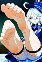 ai ai_generated feet feet_focus feet_up female_only foot_fetish furina_(genshin_impact) genshin_impact legs legs_up soles_fetish soles_focus toes toes_scrunch