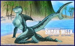 anthro beach big_breasts breasts crowchild female fin fish grin hth_studios marine outside pose seaside shark shark_week sharp_teeth solo teeth