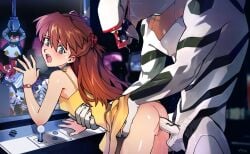 asuka_langley_sohryu bent_over bodily_fluids claw_machine clothed clothing clothing_lift dress dress_lift drooling female genital_fluids hi_res human humanoid male male/female mammal mass_production_eva neon_genesis_evangelion penetration requiemdusk saliva sundress tongue tongue_out vaginal_fluids vaginal_penetration yellow_dress