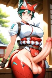 1futa ai_art ai_assisted ai_generated asian_futa balls big_breasts big_penis blizzard_entertainment breasts brown_eyes clothed_futa clothes detailed_background erect_penis erection facial_markings fingerless_gloves fox_hat futa_focus futa_only futanari green_hair kiriko_(overwatch) kiriko_kamori overwatch overwatch_2 penis penis_out_of_pants ponytail roro73290