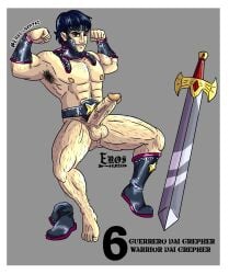 armpit_hair boots duel_monster eros_sempai_(artist) male_only muscular sword warrior_dai_grepher yu-gi-oh!