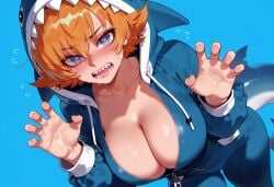 1girls ai_generated animal_costume animal_hood balecxi blue_background blue_eyes blue_hoodie blush breasts claw_pose cleavage clothing collarbone curvaceous curvaceous_female curvaceous_figure curvy curvy_figure female female_focus fins fish_tail flying_sweatdrops hair_between_eyes hands_up heart-shaped_pupils hood hood_up hoodie igawa_sakura jacket large_breasts long_sleeves looking_at_viewer open_mouth orange_hair shark_costume shark_girl shark_hood shark_tail sharp_teeth short_hair simple_background smile solo sweat symbol-shaped_pupils tail taimanin_(series) taimanin_asagi taimanin_asagi_battle_arena teeth voluptuous voluptuous_female