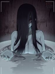 1girls absurd_res bathing bathtub black_hair blush breasts cleavage ghost ghost_girl hair_over_breasts hair_over_one_eye highres horror large_breasts long_hair looking_at_viewer makeup makeup_running pale_skin recording reze_in_the_pool_(meme) sadako_yamamura smile the_ring very_long_hair vialnite viewfinder yamamura_sadako
