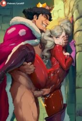 1boy 1girls against_wall ai_generated ann_takamaki annoyed annoyed_expression black_hair blonde_hair blue_eyes bodysuit cape crown female genitals grin grinding gritted_teeth impact_lines king large_penis lucakp male patreon patreon_link patreon_logo patreon_reward patreon_url patreon_username penetration penis persona persona_5 pussy ripped_bodysuit rough_sex sex standing standing_on_one_leg standing_sex suguru_kamoshida tagme thrusting thrusting_into_pussy twintails vaginal_penetration yellow_eyes