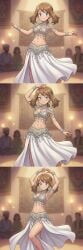 1girls 2d ai_generated arabian belly_dancer belly_dancer_outfit belly_dancing blue_eyes blurry_background brown_hair brunette_hair dancing female female_focus light_skin looking_at_viewer may_(pokemon) multiple_panels pokemon
