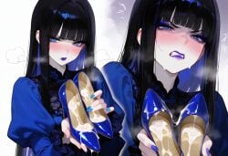 aetera ai_generated angry angry_face black_hair blue_dress blue_eyes blue_eyeshadow blue_hair blue_high_heels blue_nails blue_shoes blunt_bangs blush breath clenched_teeth colored_inner_hair cum_in_high_heels cum_in_shoe disgusted distel_(the_witchs_fabulous_cracker_show) embarrassed_female face_focus female female_only filled_with_cum high_heel_fetish high_heeled_shoes high_heels high_heels_focus holding_shoes long_hair looking_at_viewer makeup pale-skinned_female pale_skin purple_lips purple_lipstick shoe_fetish shoes smell smelly_shoes steam steamy straight_hair sweatdrop the_witchs_fabulous_cracker_show thick_lips upper_body
