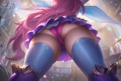 1girls ai ai_assisted ass ass_focus dizelxl edited edited_official_artwork female female_only hi_res league_of_legends league_of_legends:_wild_rift panties pink_hair pink_panties riot_games seraphine_(league_of_legends) solo thick_thighs thigh_gap thigh_highs thighhighs