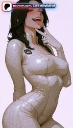 1girls 2026 ai_generated artist_name breasts bust chest electroworld female fishnet_bodysuit fishnet_legwear fishnets gradient gradient_background hi_res high_quality high_resolution highres lamia mass_effect miranda_lawson patreon patreon_username scales solo stable_diffusion tongue watermark