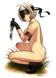 1girls boots deadmannart eyepatch female female_only holding_knife holding_object indie_virtual_youtuber knife light-skinned_female light_skin nude nude_female red_eyes saruei_(vtuber) short_hair solo squatting virtual_youtuber weapon white_hair