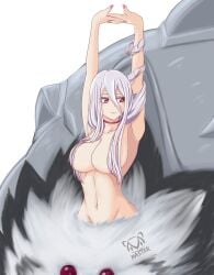 arachne armpits arms_up arthropod_girl braid breasts choker cleavage closed_mouth commentary convenient_hair cowboy_shot extra_eyes female groin hair_between_eyes highres kumo_desu_ga_nani_ka? kumoko kumoko_(kumo_desu_ga_nani_ka?) large_breasts long_braid long_hair looking_to_the_side marumashuu monster_girl navel nude red_choker red_eyes sidelocks signature simple_background single_braid solo spider_girl standing stomach stretching taur variant_set very_long_hair white_background white_hair