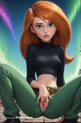 1girls ai_generated aurora belt biting_own_lip black_shirt breasts crop_top disney disney_channel female female_masturbation fingering freckles green_eyes green_pants hi_res kim_possible kimberly_ann_possible lips long_hair long_sleeves looking_at_viewer masturbation medium_breasts midriff navel open_belt open_fly orange_hair outdoors pants parted_lips progenarts pussy pussy_juice shirt sitting solo spread_legs torn_clothes turtleneck uncensored unzipped