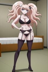 ai_generated bed bedroom black_lingerie blonde_hair blue_eyes bra danganronpa enoshima_junko full_body garter_belt garter_straps hair_ornament hand_on_hip hand_on_thigh junko_enoshima large_breasts lingerie smile thighhighs thong twintails