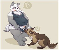 ambiguous_gender anthro anthro_on_feral balls bear black_nose blush canine clothed clothing duo erection feral german_shepherd heart interspecies male male_only mammal obese open_mouth overweight panda penis plain_background standing surprised swimsuit uncut zangusuu zoophilia