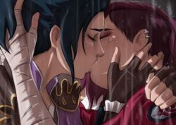 2girls arcane arcane_caitlyn arcane_vi caitlyn_kiramman kissing league_of_legends lesbian_kiss raining riot_games vi vi_(league_of_legends) yuri