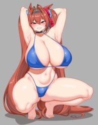1girls absurdres alternate_breast_size_(larger) animal_ears armpit_crease armpits arms_behind_head barefoot bikini blush breasts brown_hair choker cleavage collarbone commentary_request daiwa_scarlet_(umamusume) female full_body grin hair_intakes highres horse_ears horse_girl horse_tail huge_breasts long_hair looking_at_viewer navel pasuhai presenting_armpit red_eyes skindentation smile solo spread_legs squatting swimsuit tail thighs tiara tiptoes toes umamusume very_long_hair