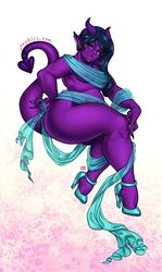 breasts chubby demon ear_piercing female gunkiss hair high_heels horns humanoid long_hair nipples piercing purple_skin smile solo