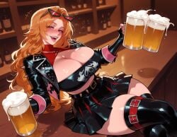 1girls ai_generated alcohol balecxi bandeau bar_(place) beer beer_mug belt black_belt black_gloves black_jacket black_skirt black_thighhighs black_tube_top bleach bleach:_the_thousand-year_blood_war blue_eyes blush boots breasts burnice_white_(cosplay) chain_necklace cleavage clothing crop_top cropped_jacket crossed_legs cup curvaceous curvaceous_female curvaceous_figure curvy curvy_figure drink drunk eyewear eyewear_on_head fangs female female_focus fingerless_gloves footwear gloves holding holding_cup huge_breasts indoors inviting inviting_to_sex jacket jewelry large_breasts leather leather_jacket legwear lips long_hair looking_at_viewer matsumoto_rangiku mature_female midriff miniskirt mole mug necklace open_mouth orange_hair pleated_skirt presenting presenting_ass presenting_breasts presenting_hindquarters presenting_self purple_eyes seductive seductive_look seductive_smile shrug_(clothing) sitting skirt smile solo spikes strapless sunglasses teeth thick_thighs thigh_strap thighhighs thighs tube_top voluptuous voluptuous_female zettai_ryouiki