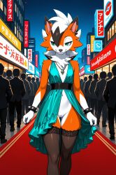 1girls 2026 ai_generated anthro bracelet city crowd dress dress_pull dusk_lycanroc ear_piercing fancy_clothing female female_only flat_chest generation_7_pokemon green_eyes hi_res innie_pussy jewelry lycanroc necklace night nintendo no_panties orange_fur pokemon pokemon_(species) pussy red_carpet smile spiked_bracelet thighhighs walking white_fur white_hair zonoya_(artist)
