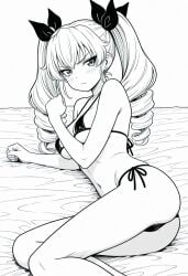 anchovy_(girls_und_panzer) ass breasts girls_und_panzer looking_at_viewer micro_bikini on_bed on_side