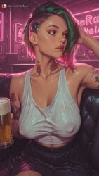 ai_generated aisinful alcohol arm_tattoo armpits ass beer beer_mug big_ass big_breasts big_butt blush breasts cd_projekt_red covered_nipples cup cyberpunk_2077 dc_comics drink drinking_glass drinking_straw female flower green_hair hi_res holding_cup judy_alvarez large_breasts medium_breasts mug multicolored_hair pink_hair pink_rose pubic_tattoo red_rose rose shoulder_tattoo sitting solo tattoo thick_thighs two-tone_hair wide_hips wonder_woman_(series)