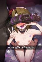 1boy 1girl ai_generated androgynous aroused bedroom blush brown_hair cheating cheating_girlfriend choker condom crazy_smile english_text fake_phone_screenshot female flat_chest from_above hair_flower hair_ornament hazakura151 head_tilt heavy_breathing hot_breath huge_cock interracial jitome licking_own_lips light-skinned_female lipstick_mark lipstick_ring male_pubic_hair netorare nipples penis_awe penis_over_eyes phone_screen purple_lipstick purple_lipstick_mark saliva_on_penis smelly_cock sniffing_penis stained_sheets steaming_body stray_pubic_hair sweat sweatdrop sweaty_penis teasing_cuck teasing_cuck_with_phone text tissue umineko_no_naku_koro_ni used_condom used_condoms used_tissue v_over_eye veiny_penis very_sweaty wariza yasu_(umineko)