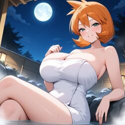 ai_generated alternate_breast_size bangs bare_shoulders bathing blush breasts clavicle cleavage collarbone covered_navel crossed_legs female female_only full_moon green_eyes grin hair_between_eyes huge_breasts kasumi_(pokemon) large_breasts looking_at_viewer misty_(pokemon_hgss) moon naked_towel night night_sky onsen orange_hair outdoors parted_lips partially_submerged pokemon pokemon_gsc pokemon_hgss rock short_hair sitting sky smile solo steam thick_thighs thighs towel tree water wet white_towel wooden_fence