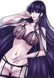 absurdly_long_hair ass bishoujo_senshi_sailor_moon bishoujo_senshi_sailor_moon_s bra choker crescent crescent_facial_mark cupless_bra facial_mark forehead_mark garter_belt garter_straps highres lingerie lingerie_only long_hair looking_at_viewer midriff mistress_9 navel nipples purple_eyes purple_lips smile star_(symbol) star_facial_mark tomoe_hotaru underwear very_long_hair wbr_komet