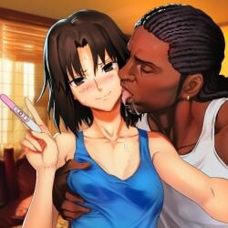 1boy 1girl ai_generated bedroom black_hair blue_tank_top blush cheating dark-skinned_male dreadlocks drooling earrings female foreshortening grabbing_another's_breast hazakura151 holding_pregnancy_test interracial kara_no_kyoukai licking licking_another's_face light-skinned_female looking_at_viewer medium_breasts naughty_face netorare pregnancy_test ryougi_shiki saliva seductive_smile selfie smirk smug straight-on taking_picture tank_top white_tank_top