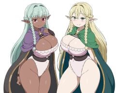 atlus big_breasts blonde_hair cleavage dark_skin duo elf elf_ears elf_female eltolinde_(unicorn_overlord) female_only green_eyes leotard long_hair looking_at_viewer rapebait red_eyes rosalinde_(unicorn_overlord) smiling the-sonic-x thick_thighs unicorn_overlord vanillaware wide_hips