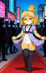 1girls 2026 ai_generated animal_crossing anthro bracelet canine city crowd digitigrade dress dress_lift fancy_clothing female female_only flat_chest gold_jewelry half-closed_eyes hi_res innie_pussy isabelle_(animal_crossing) jewelry necklace night nintendo no_panties pussy red_carpet smile thighhighs walking white_fur yellow_fur zonoya_(artist)