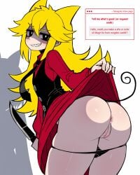 absurd_res ai_generated ass black_eyes black_vest blonde_hair cat_ears cat_girl clothes_lift clothes_pull dress falsegate flashing highres holding_knife knife large_ass lifted_by_self long_hair moge-ko mogeko_castle panties panties_down pulled_by_self pupils pussy red_dress self_upload shaded_face smile solid_color_background stable_diffusion strawpage strawpage_request tail thick_thighs thighs tie vest white_background white_pupils yandere yellow_hair