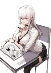 absurd_res beautiful_girl black_miniskirt black_pleated_skirt black_skirt gyaru happy_female kim_eb large_ass large_breasts long_hair mature_female miniskirt pale-skinned_female pale_skin pink_eyes pleated_skirt short_skirt sideskirt simple_background skirt text trey_ollis_loffewa_(kim_eb) unbothered white_hair wholesome