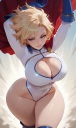 ai_generated big_breasts blonde_female blonde_hair blue_eyes cloak curvy_figure dc_comics fake_art female female_only hourglass_figure houseofwaifu huge_breasts kara_zor-el karen_starr leotard power_girl superheroine voluptuous