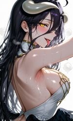 ai_generated albedo_(overlord) armpits bare_back bare_shoulders black_hair horns looking_back overlord_(maruyama) sideboob sweat sweaty_armpits sweaty_body tongue tongue_out yellow_eyes