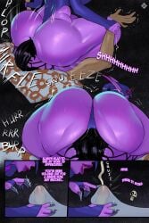 1boy absurdres art_mein ass colored_skin cum ejaculation english_text female highres leotard meinfischer multiple_views original penis pointy_ears purple_hood purple_leotard purple_skin sitting_on_face sound_effects straight