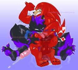2025 absurd_res anal animal_genitalia animal_penis anthro ass backsack balls big_balls big_penis black_body blue_eyes bodily_fluids canid canine canine_genitalia canine_penis cum cumshot curling_toes duo ear_piercing echidna ejaculation faux_gaping feet flexing fluffy fluffy_tail genital_fluids genitals heart_symbol hi_res iamnotmetal knuckles_the_echidna leaking_cum male male/male mammal monotreme nude oral pawpads penis perineum piercing purple_body purple_eyes rear_view red_body rimming sega sex smile soles sonic_(series) sonic_the_hedgehog_(series) spread_butt spread_toes spreading tail teeth toes tongue tongue_out vein veiny_penis