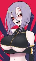 arm_under_breasts arthropod_girl artist_name bare_shoulders black_eyeshadow black_sleeves black_tank_top blush breasts collarbone colored_sclera commentary corrupted_twitter_file covered_collarbone detached_sleeves extra_eyes eyeshadow female hair_between_eyes hair_over_eyes highres looking_at_viewer makeup medium_hair monster_girl monster_musume_no_iru_nichijou navel oomartm open_mouth purple_hair rachnera_arachnera red_background red_eyes red_sclera shirt simple_background sleeveless sleeveless_shirt solo spider_girl stomach tank_top teeth tongue underboob upper_body