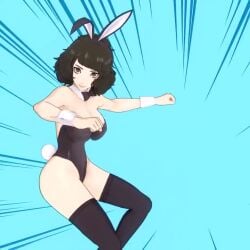1girls 3d 3d_(artwork) animated ass atlus back_view bare_shoulders breasts brown_eyes brown_hair bunny_ears bunny_girl bunnysuit cafe female female_focus female_only fishnet_legwear flcl hand_on_hip looking_at_viewer looking_back mature_female megami_tensei no_sound persona persona_5 sadayo_kawakami sideboob stockings surfing tagme teacher valwin video