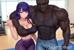 1boy abs ai_generated alternate_costume bald bangs bare_shoulders biceps blue_pants blunt_bangs breast_grab breasts bulge cleavage closed_mouth collarbone cowboy_shot dark-skinned_male dark_skin denim dumbbell exercise faceless faceless_male female generic_dark-skinned-muscular_male grabbing groping gym high-waist_pants indoors interracial jeans juliatitusart large_breasts long_hair looking_at_viewer manly middle_finger mole mole_under_eye muscular muscular_male nail_polish pants pectorals purple_eyes purple_hair purple_nails purple_pants raiden_shogun smile sports_bra straight tank_top tight tight_pants veins very_dark_skin weightlifting yoga_pants