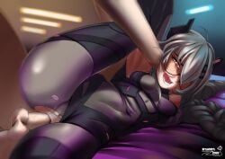 1boy 1girls anal anal_sex brushart clothed clothed_female_nude_male clothed_sex clothing dubious_consent female indie_virtual_youtuber light-skinned_female light-skinned_male light_skin male open_mouth penetration penis penis_in_ass red_eyes saruei_(vtuber) sex torn_clothes torn_clothing unseen_male_face virtual_youtuber