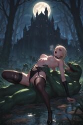 ai_generated black_stockings breasts breasts_out elsa_(frozen) frozen_(film) frozen_2 moaning monster monster_on_female on_top riding_cock ripped_pantyhose swamp swamp_monster vaginal_penetration