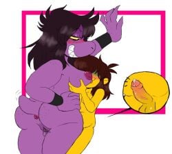 anthro anus artist_request ass axeyopissum balls breasts cumming deltarune fully_nude furry hair_between_eyes hands_on_boobs human kris_(deltarune) lizard long_hair male naked naked_female nipples penis pussy reptile susie_(deltarune) tail twitter_link undertale_(series) veiny_penis zoom_layer
