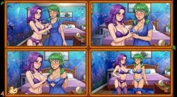 abigail_(stardew_valley) admiring_breasts ai_generated aroused aroused_face bed bedroom blue_bra blue_dress blue_panties blush bra caroline_(stardew_valley) caught_by_mother comic comic_page comic_panel daughter embarrassed green_eyes green_hair incest lingerie mirror mother mother_and_daughter nervous no_dialogue older_woman_and_younger_girl panels panties picture_frame purple_eyes purple_hair purple_lingerie removing_dress revealing_bra stardew_valley staring_at_breasts stockings touching_another unbuttoning underwear undressing yuri