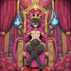 ai_generated akira_kurusu blue_flames bulge cow-ede_akamatsu femboy glowing_eyes huge_balls huge_cock persona persona_5 roses solo tagme teasing throne throne_room